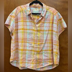 American Eagle Plaid Oversized Short Cap Sleeve Blouse Linen Blend Size Medium